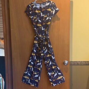 Modcloth cropped Navy Jumpsuit with Bird Pattern